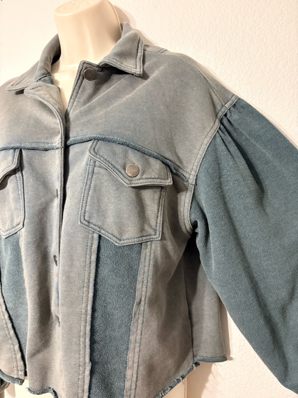 Vici Cropped Teal Blue Green Patchwork Terry Jacket Lightweight Ballon Sleeves S - Picture 6 of 16